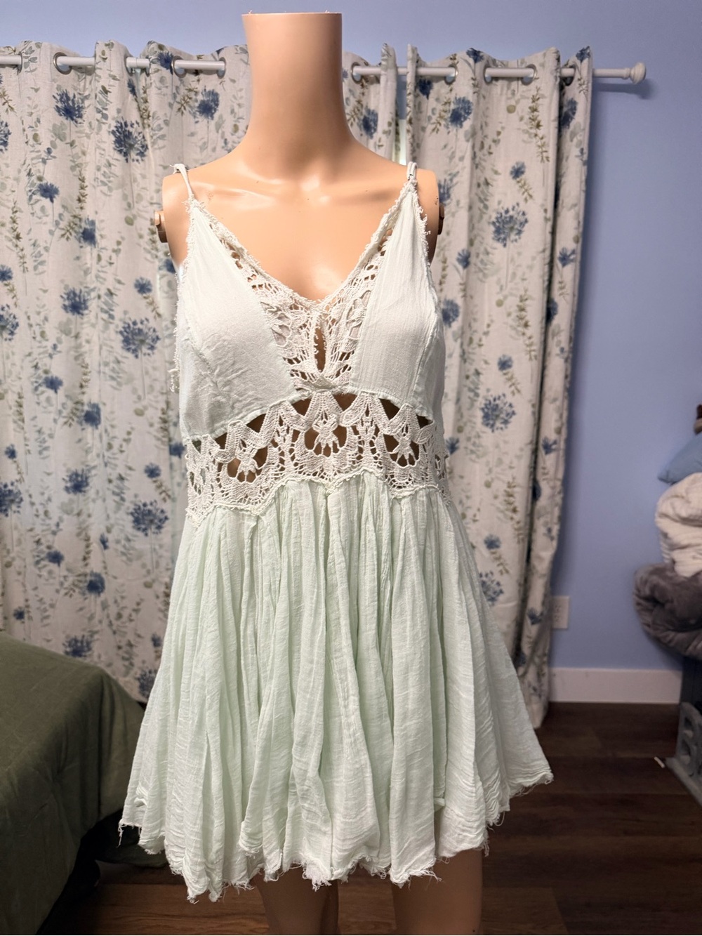 Free People Mint Green Crochet-Detail Mini Dress